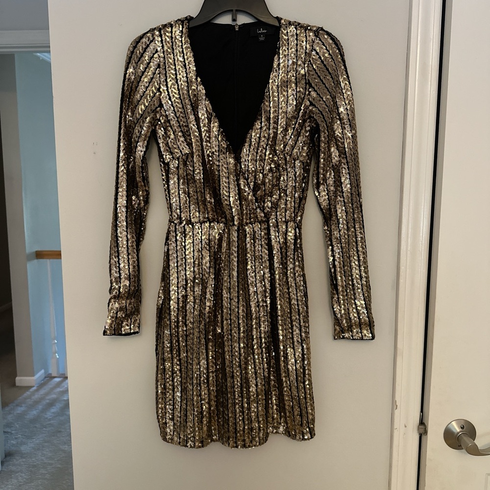 Lulu's Gold and Black Sequin Wrap Dress